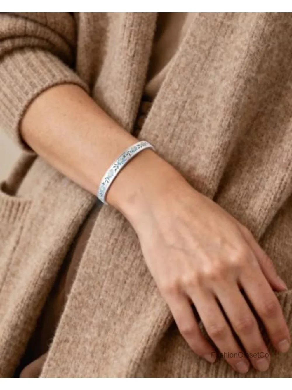 Silver Cuff Bracelet with Floral Blue Pattern Adjustable Bangle Boho Jewelry